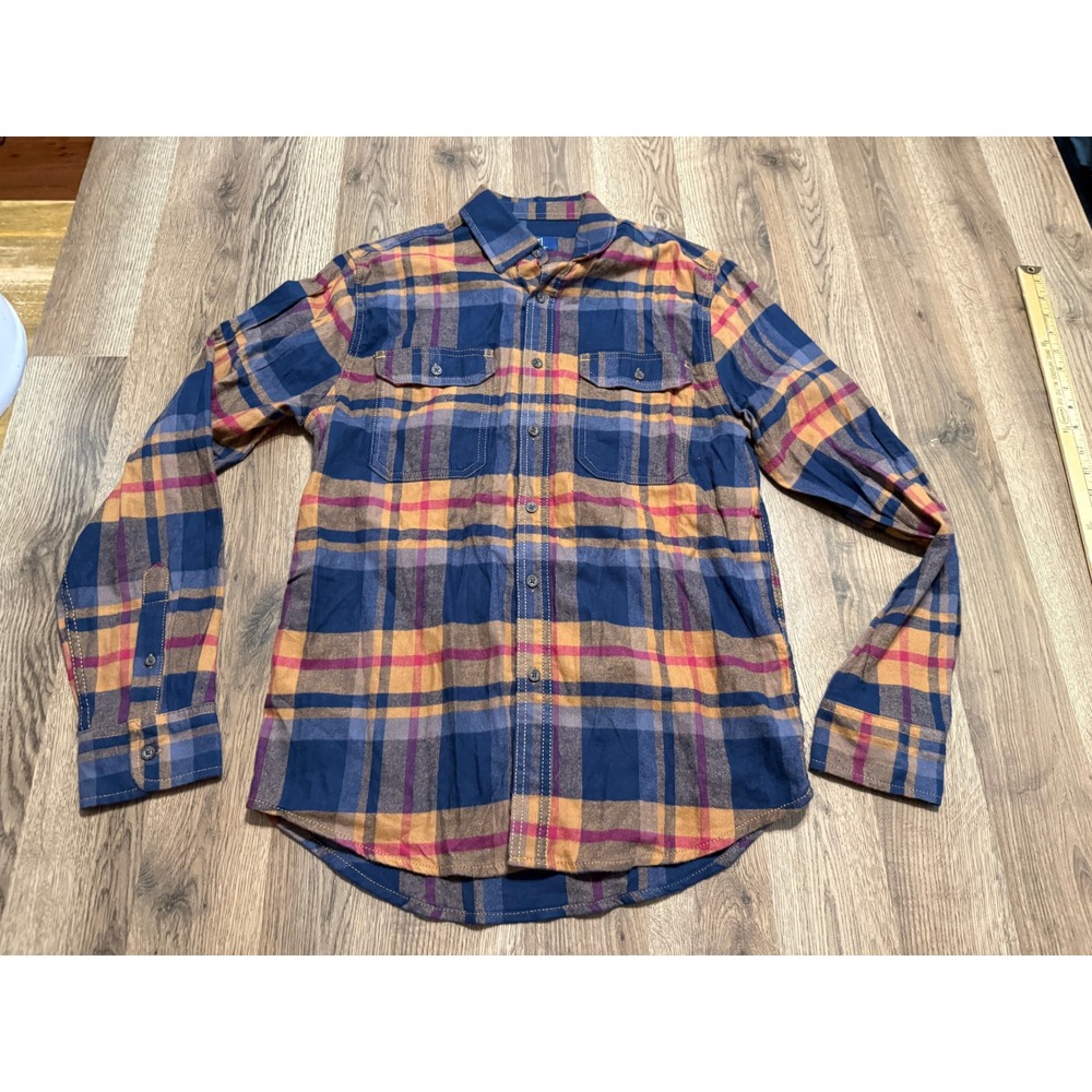 George Shirt Mens Size S Blue Orange Plaid Flannel Long Sleeve Pocket